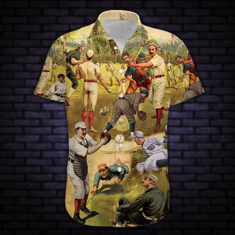 Felacia [Hawaii Shirt] Hit Hard Run Fast Turn Left Vintage Baseball Unisex Hawaiian Aloha Shirts-ZX3221